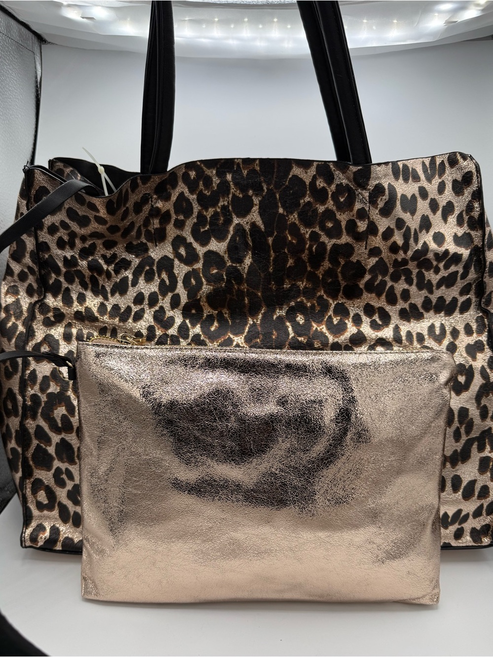 Betsey Johnson Tote Rose Gold Metallic Leopard Large Purse Bag Matching Pouch